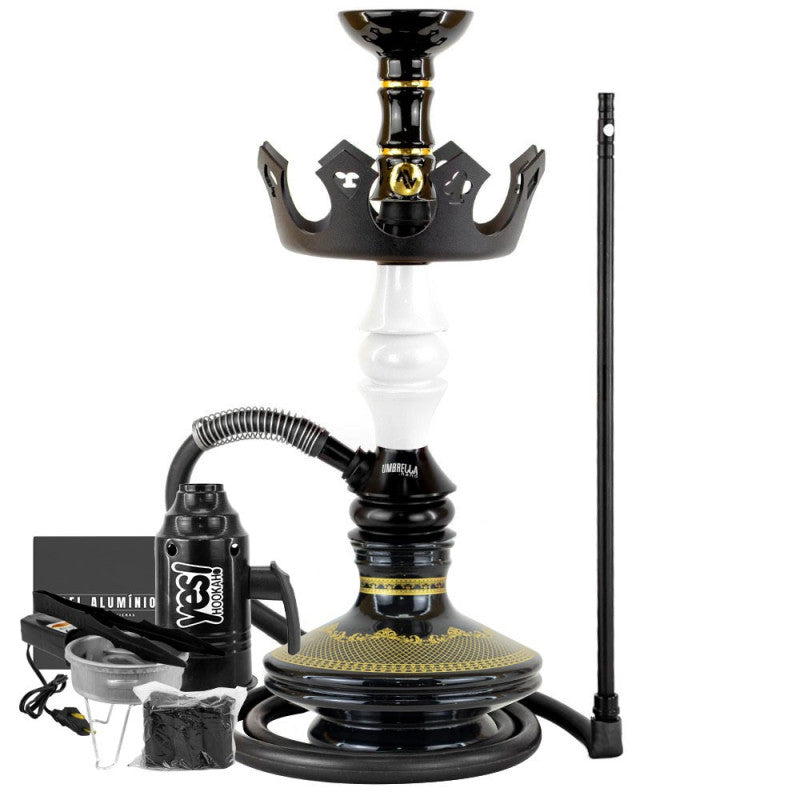 Narguile Marajah Umbrella Nano Branco Metal Preto Vaso Brisas Prato Coroa Pequeno Rosh Alusi Take Gold Completo