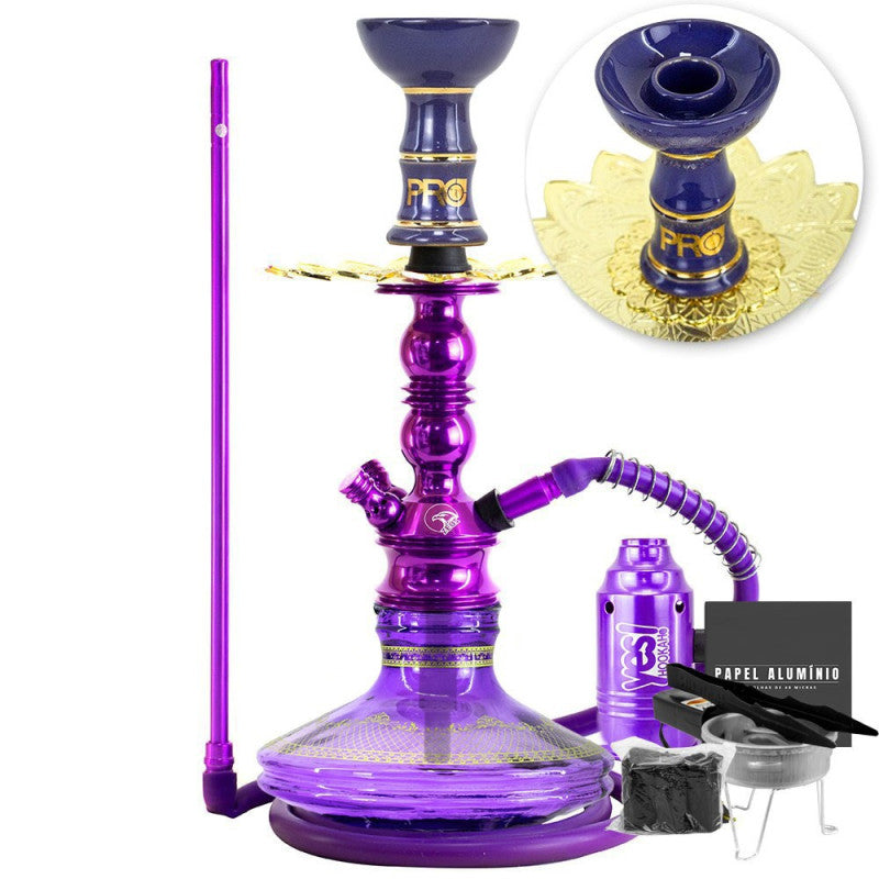 Narguile Pequeno Zeus Single Roxo Brilho Vaso Listra Gold Prato Alusi Piteira ArguileBr Silicone Rosh Alusi Kiso Completo